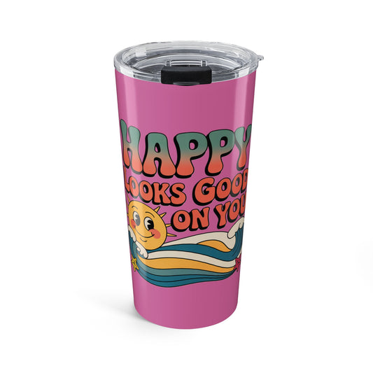 20oz Tumbler — "Happy Looks Good on You" Retro Smile Travel Cup