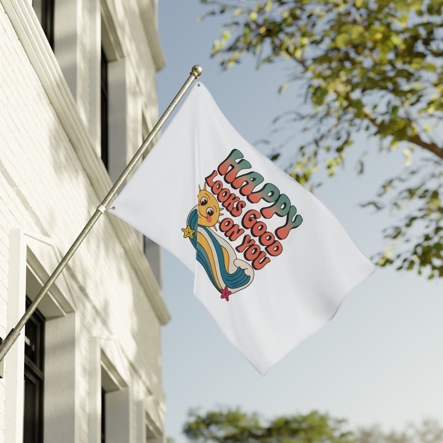 Happy Looks Good On You Flag — Retro Sunshine Positive Garden & Patio Decor