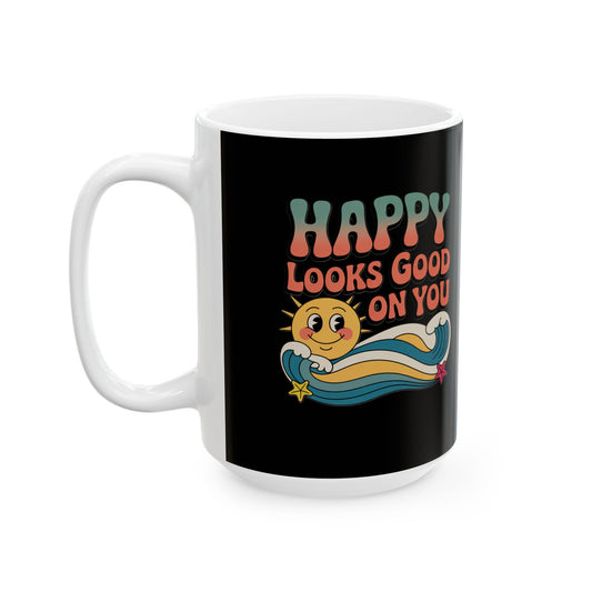Retro 'Happy Looks Good on You' Ceramic Mug – 11oz & 15oz