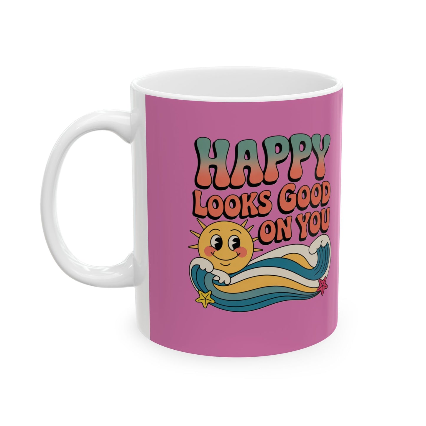 Retro 'Happy Looks Good on You' Ceramic Mug – 11oz & 15oz