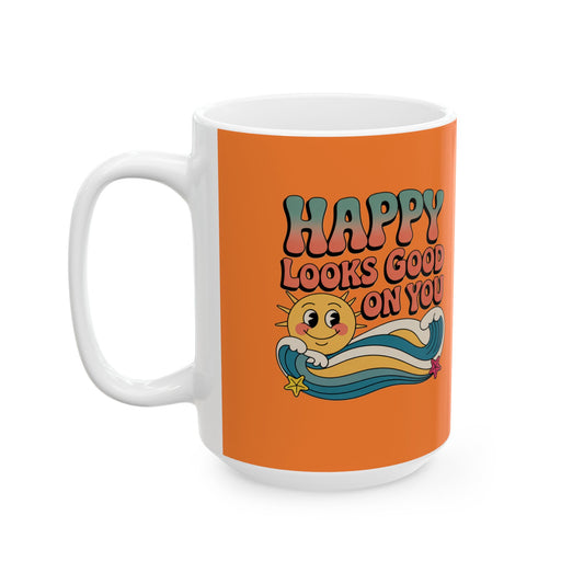 Retro 'Happy Looks Good on You' Ceramic Mug – 11oz & 15oz