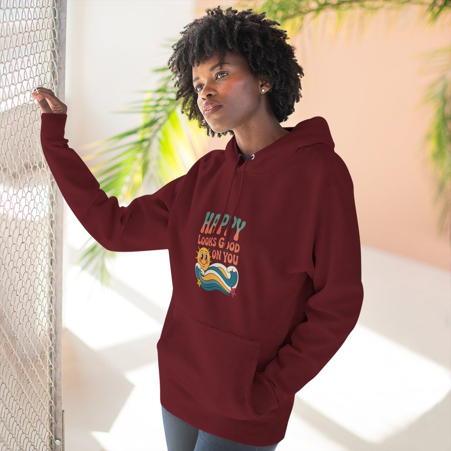 Happy Looks Good On You Hoodie — Retro Smiley Graphic Fleece Pullover