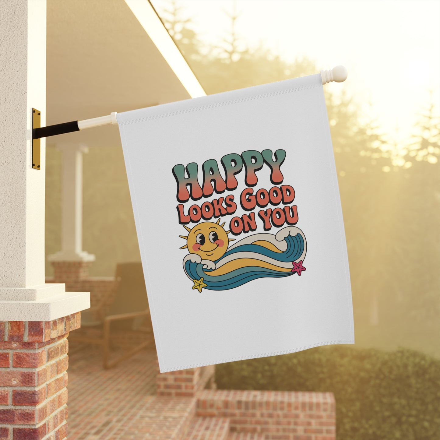 Happy Looks Good On You Garden Flag — Retro Sun & Waves House Banner
