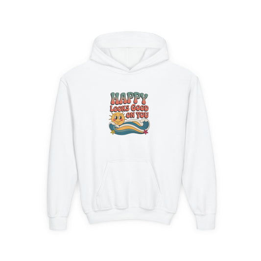 Youth Hoodie — "Happy Looks Good on You" Retro Sunburst Graphic