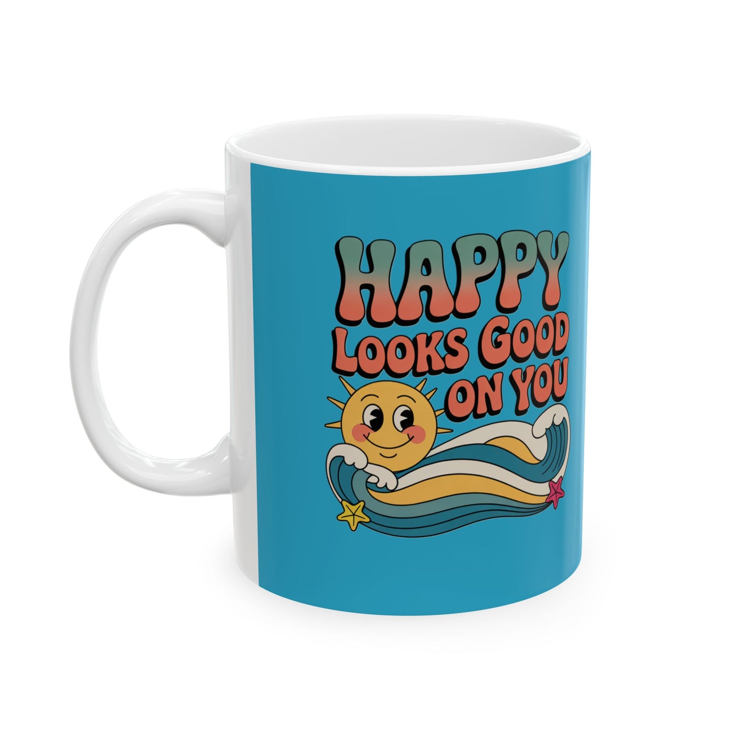 Retro 'Happy Looks Good on You' Ceramic Mug – 11oz & 15oz
