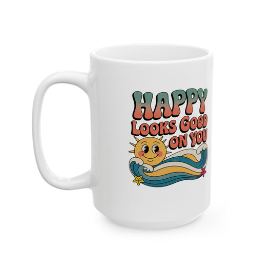 Retro 'Happy Looks Good on You' Ceramic Mug – 11oz & 15oz
