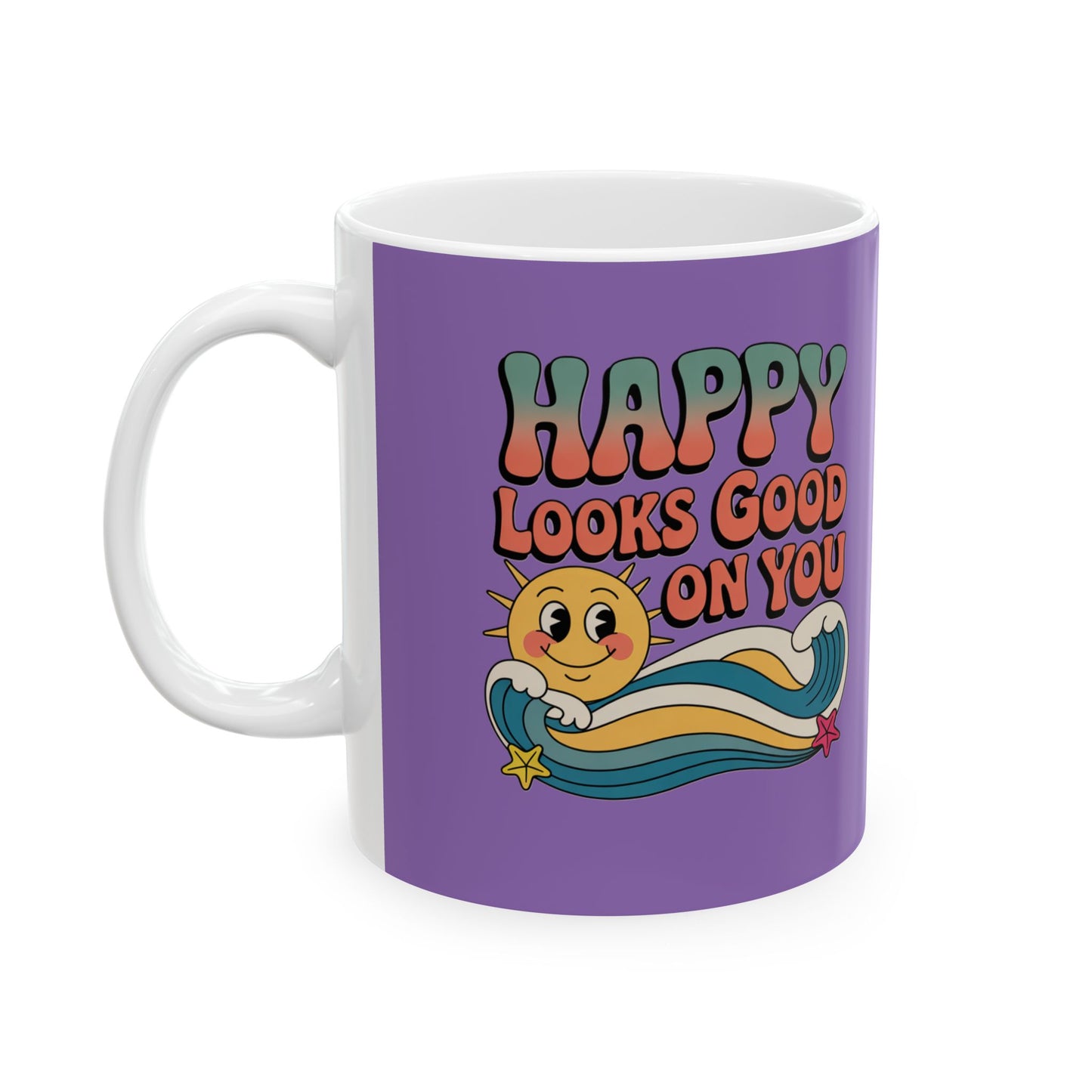 Retro 'Happy Looks Good on You' Ceramic Mug – 11oz & 15oz