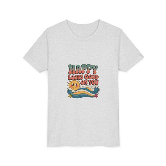 Youth Tee — "Happy Looks Good On You" Retro Sunshine Kids Shirt