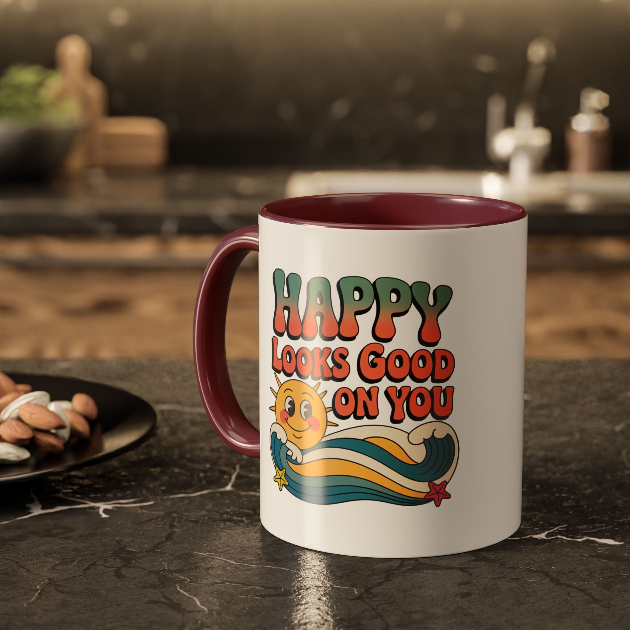 Retro 'Happy Looks Good on You' Colorful Ceramic Mug (11oz & 15oz)