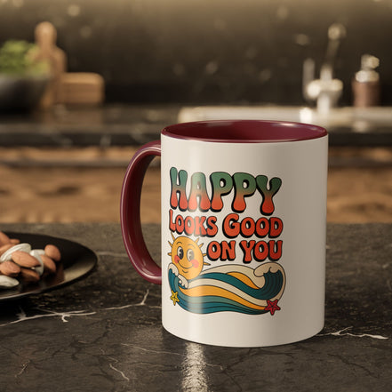 Retro 'Happy Looks Good on You' Colorful Ceramic Mug (11oz & 15oz)