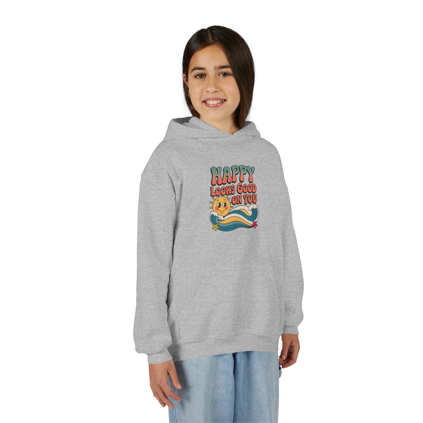 Youth Hoodie — "Happy Looks Good on You" Retro Sunburst Graphic