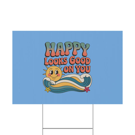 "Happy Looks Good On You" Retro Sun Positive Garden Sign