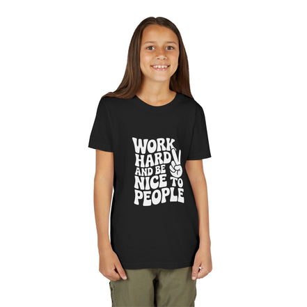 Youth Tee – "Work Hard and Be Nice to People" Retro Peace Sign Kids T‑Shirt