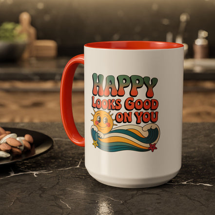 Retro 'Happy Looks Good on You' Colorful Ceramic Mug (11oz & 15oz)