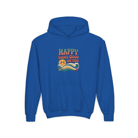 Youth Hoodie — "Happy Looks Good on You" Retro Sunburst Graphic