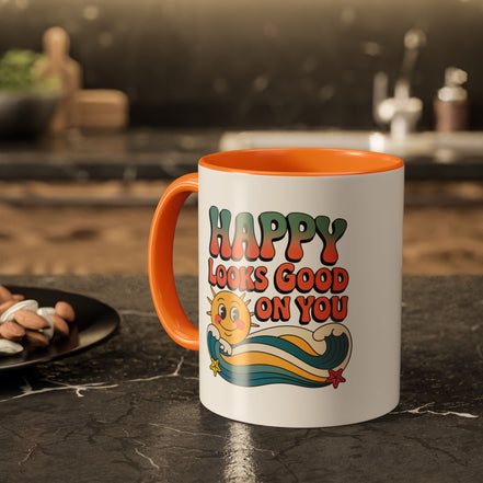 Retro 'Happy Looks Good on You' Colorful Ceramic Mug (11oz & 15oz)