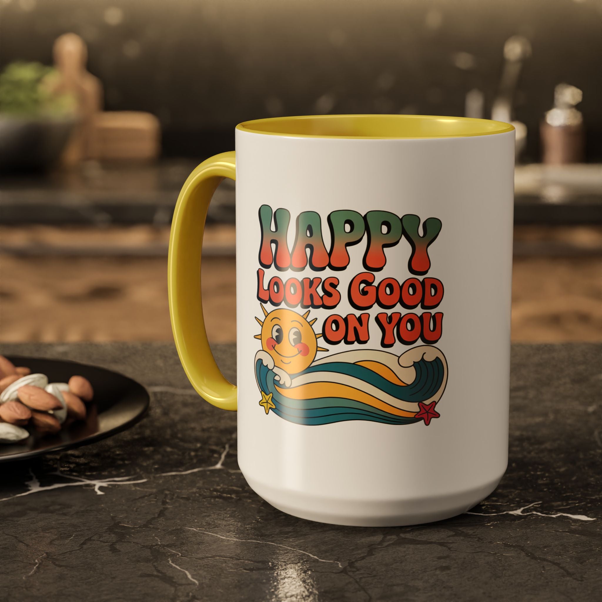 Retro 'Happy Looks Good on You' Colorful Ceramic Mug (11oz & 15oz)