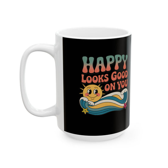 Retro 'Happy Looks Good on You' Ceramic Mug – 11oz & 15oz