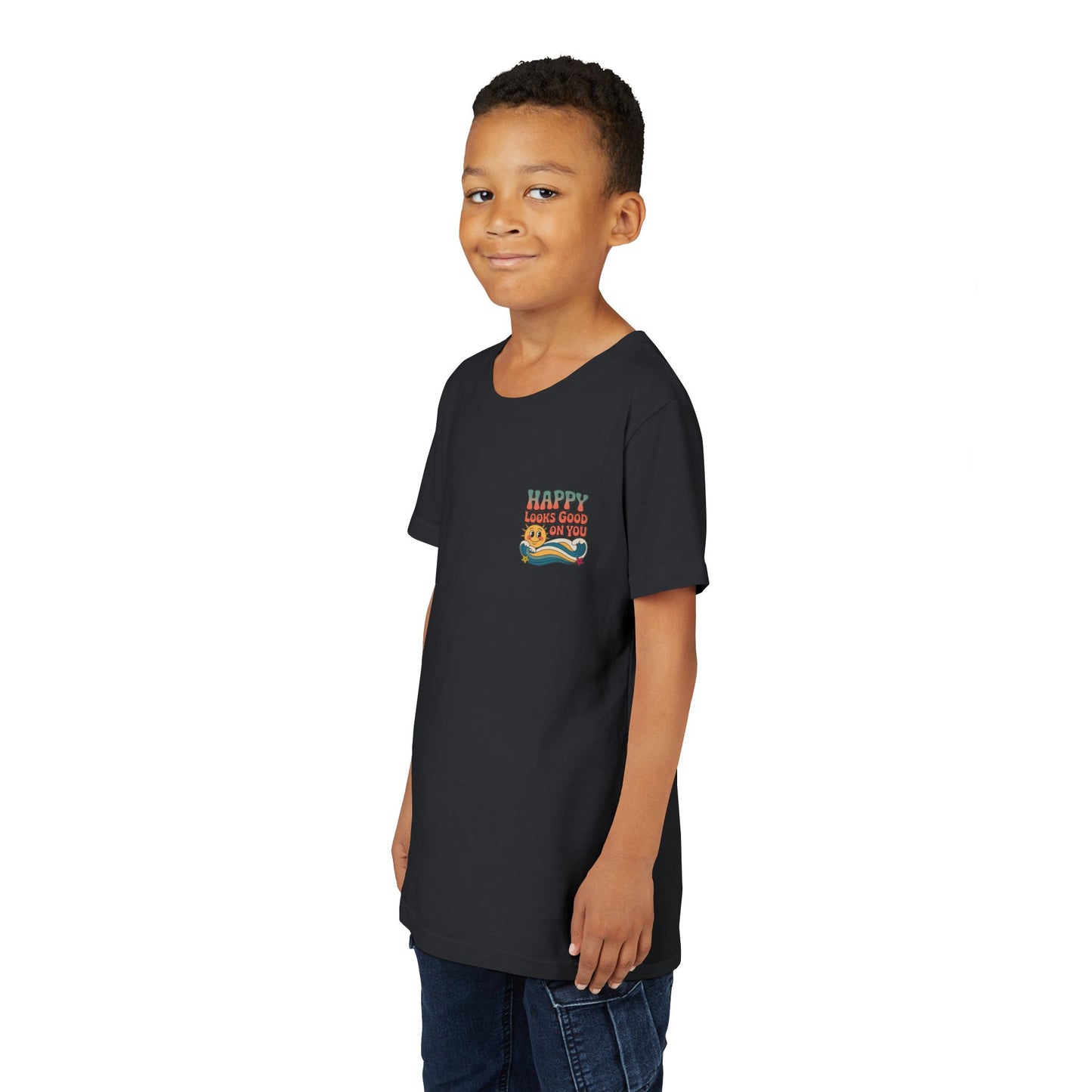Youth Tee — "Happy Looks Good On You" Retro Sunshine Kids Shirt
