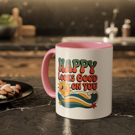 Retro 'Happy Looks Good on You' Colorful Ceramic Mug (11oz & 15oz)