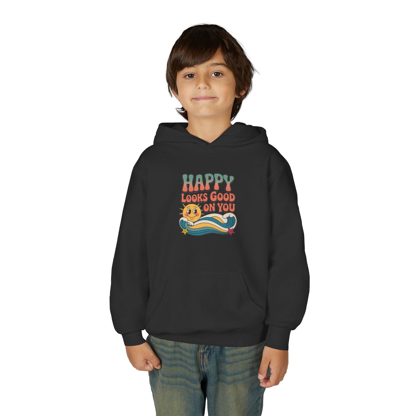 Youth Hoodie — "Happy Looks Good on You" Retro Sunburst Graphic