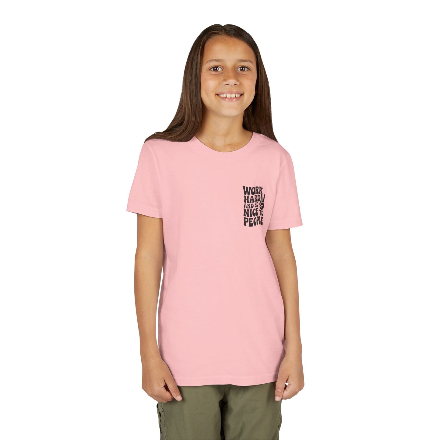 Youth Tee – "Work Hard and Be Nice to People" Retro Peace Sign Kids T‑Shirt