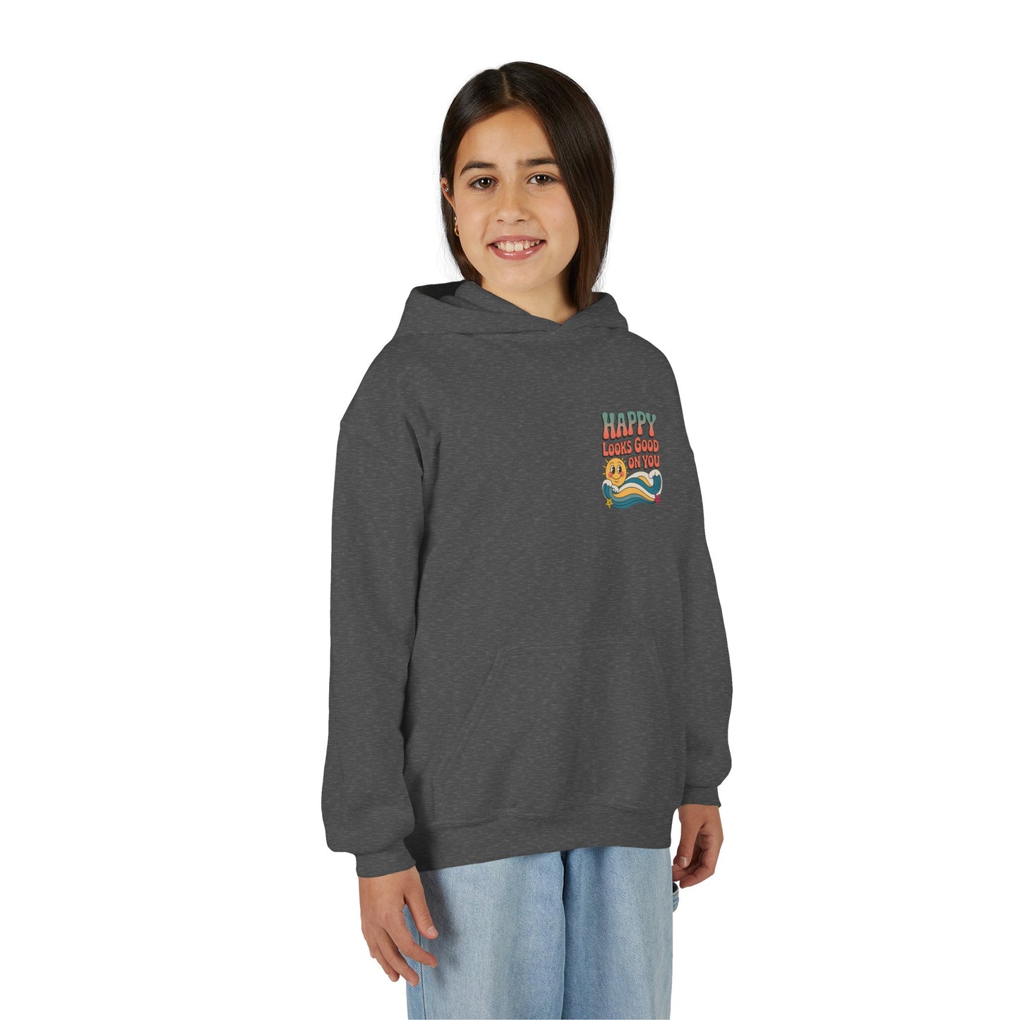 Youth Hoodie — "Happy Looks Good on You" Retro Sunburst Graphic
