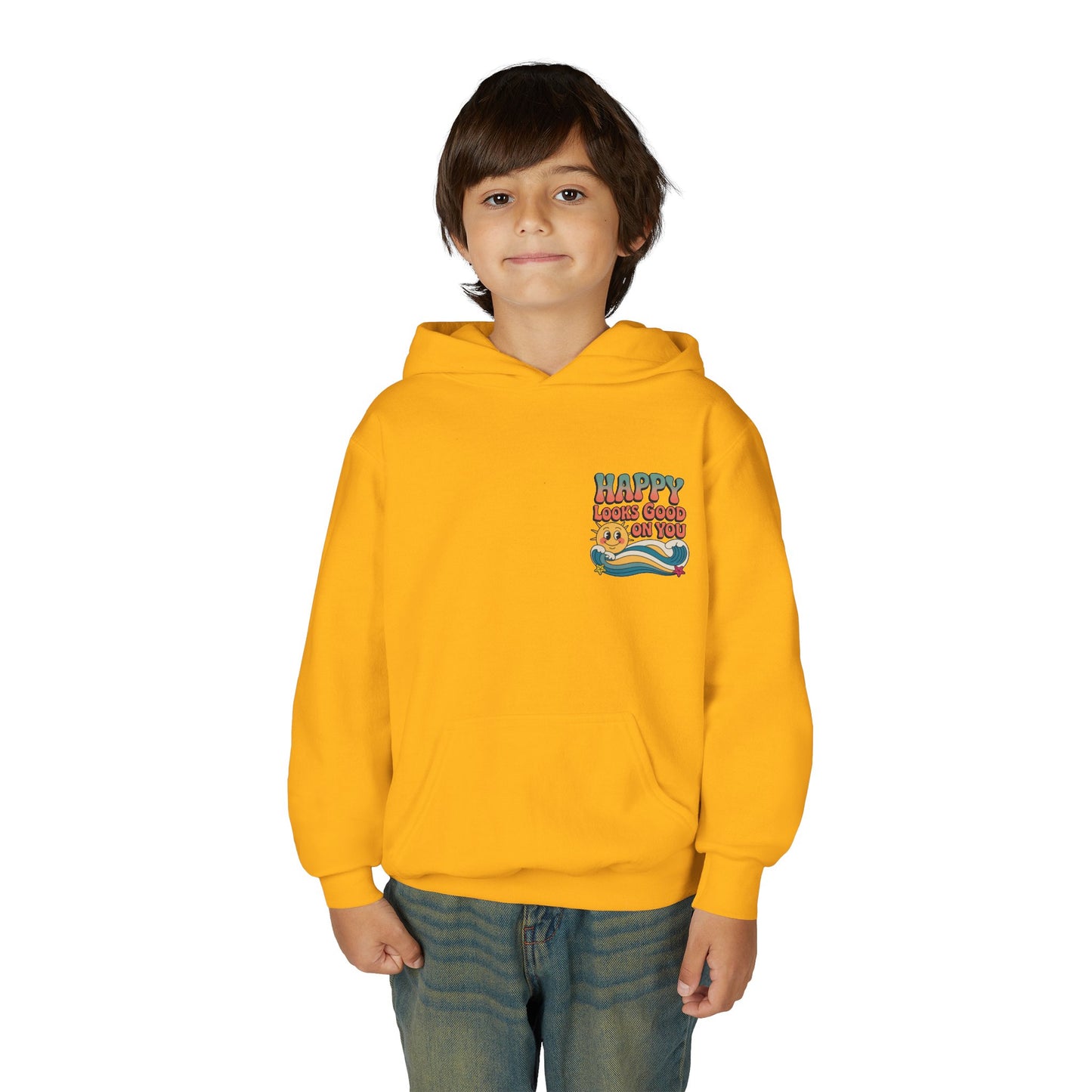 Youth Hoodie — "Happy Looks Good on You" Retro Sunburst Graphic