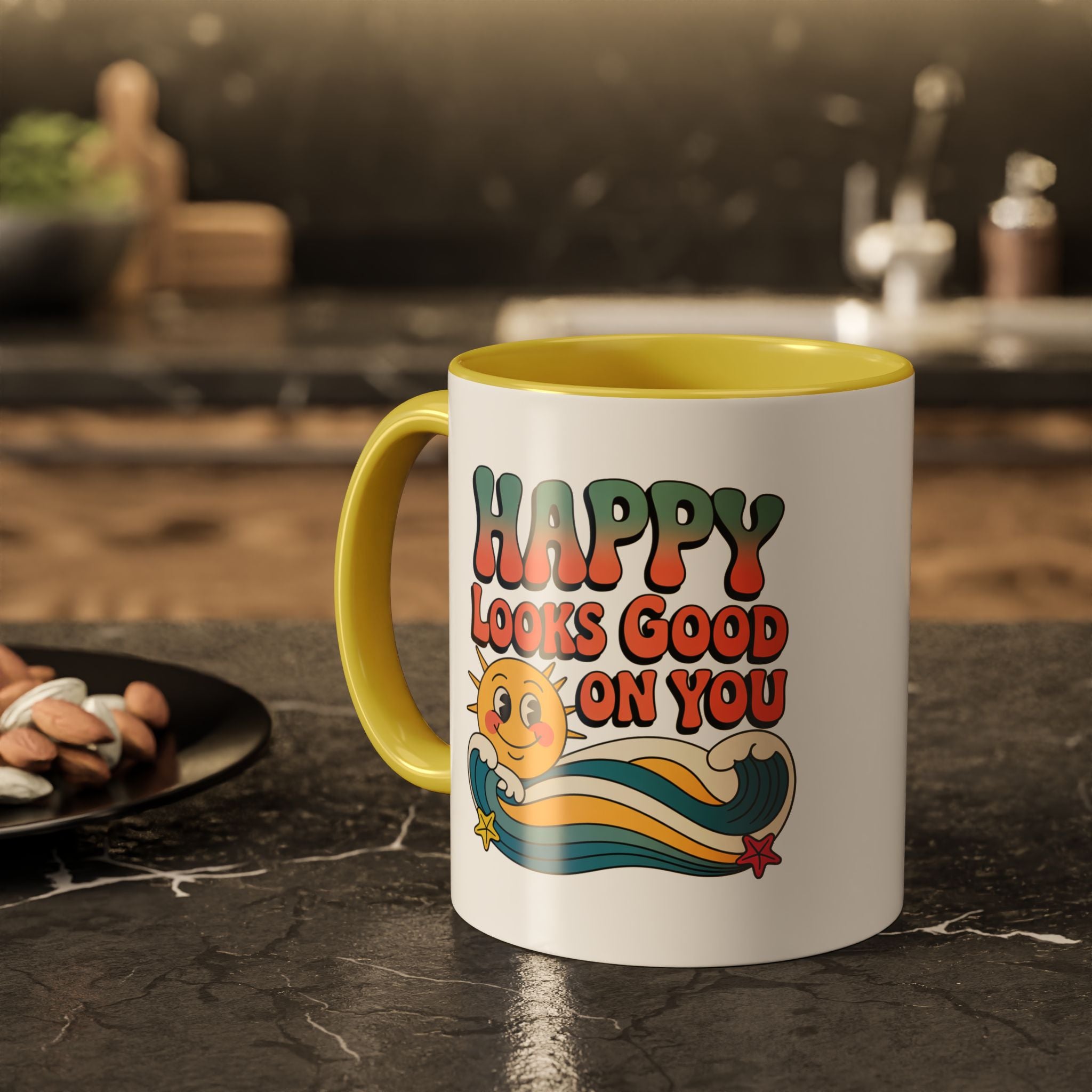 Retro 'Happy Looks Good on You' Colorful Ceramic Mug (11oz & 15oz)