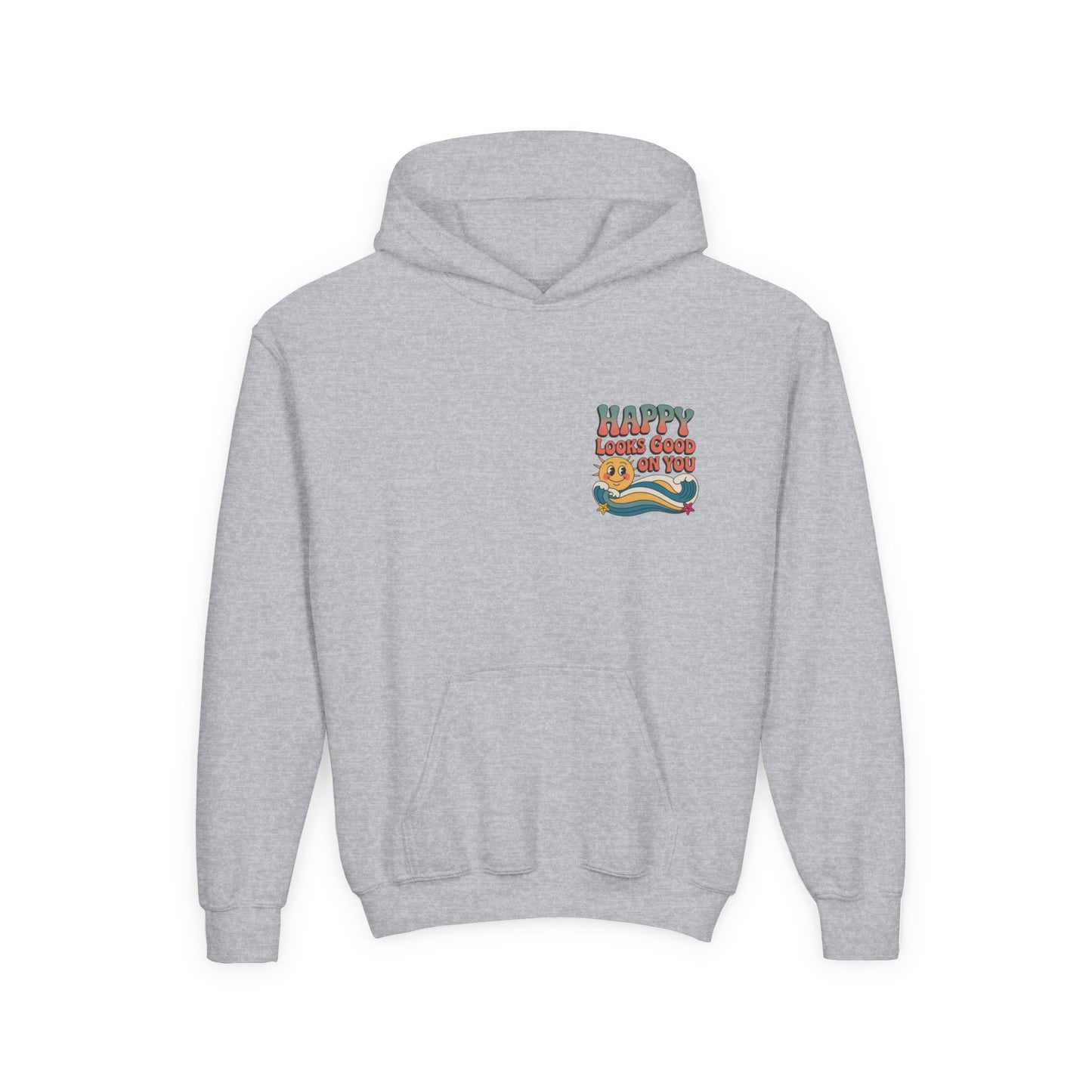 Youth Hoodie — "Happy Looks Good on You" Retro Sunburst Graphic