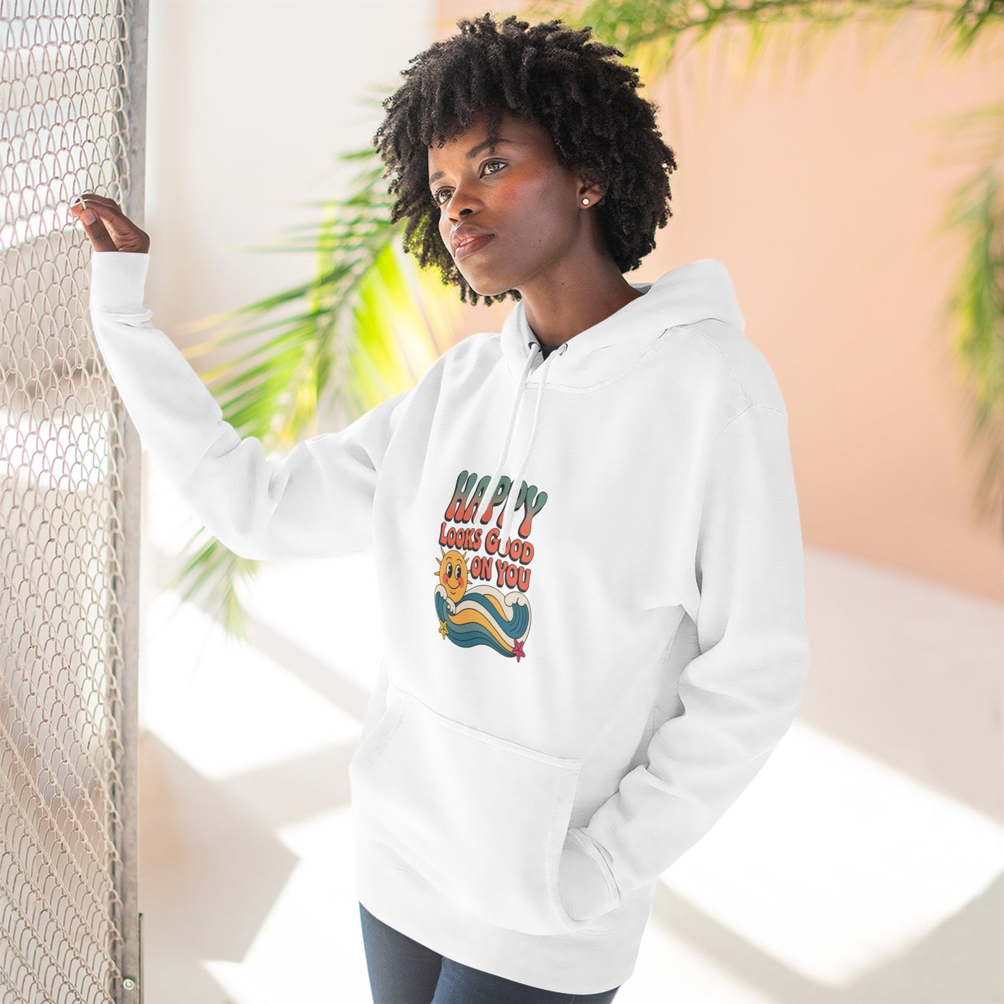 Happy Looks Good On You Hoodie — Retro Smiley Graphic Fleece Pullover