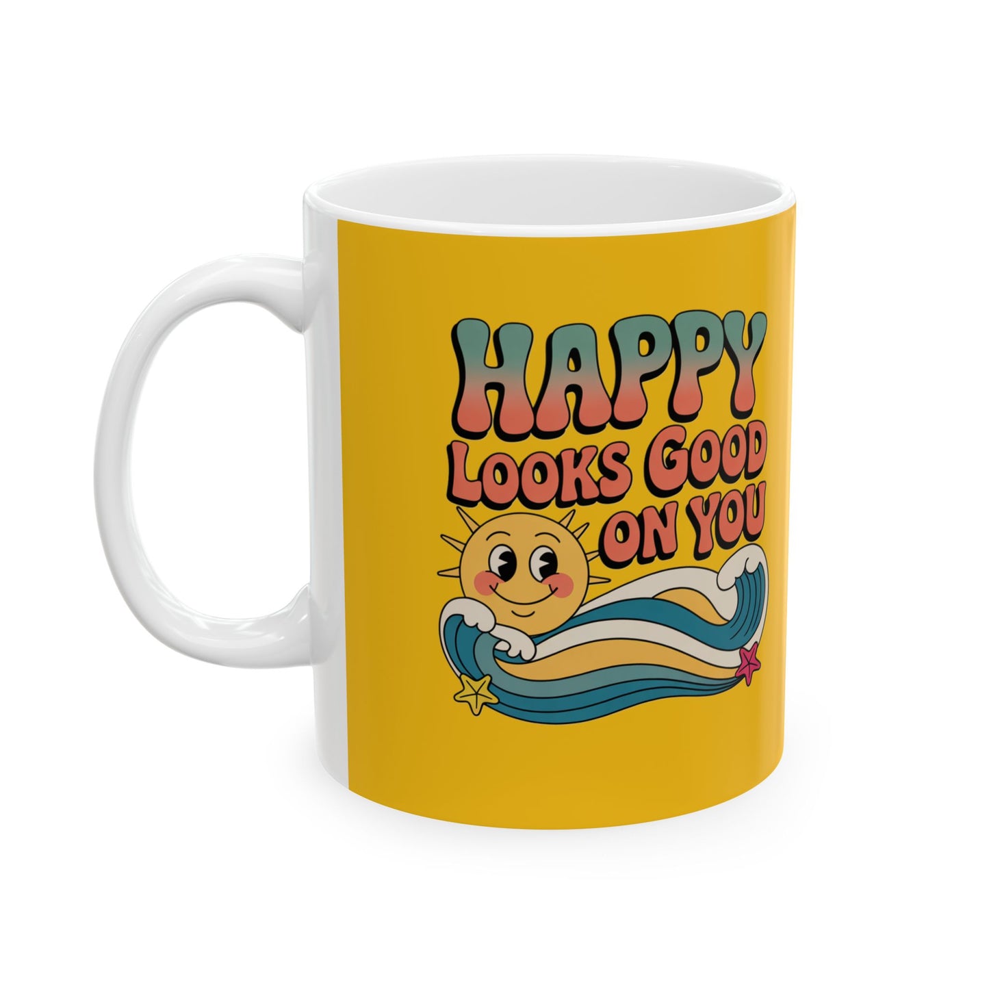 Retro 'Happy Looks Good on You' Ceramic Mug – 11oz & 15oz