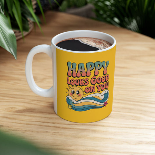 Retro 'Happy Looks Good on You' Ceramic Mug – 11oz & 15oz