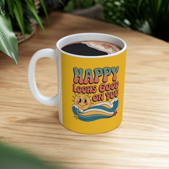 Retro 'Happy Looks Good on You' Ceramic Mug – 11oz & 15oz