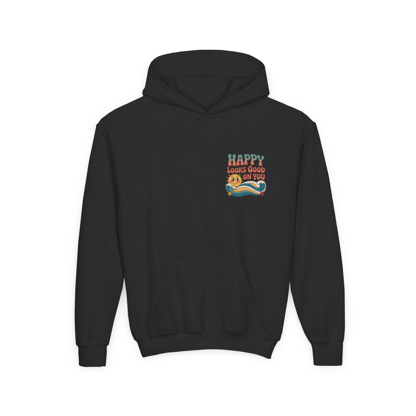 Youth Hoodie — "Happy Looks Good on You" Retro Sunburst Graphic