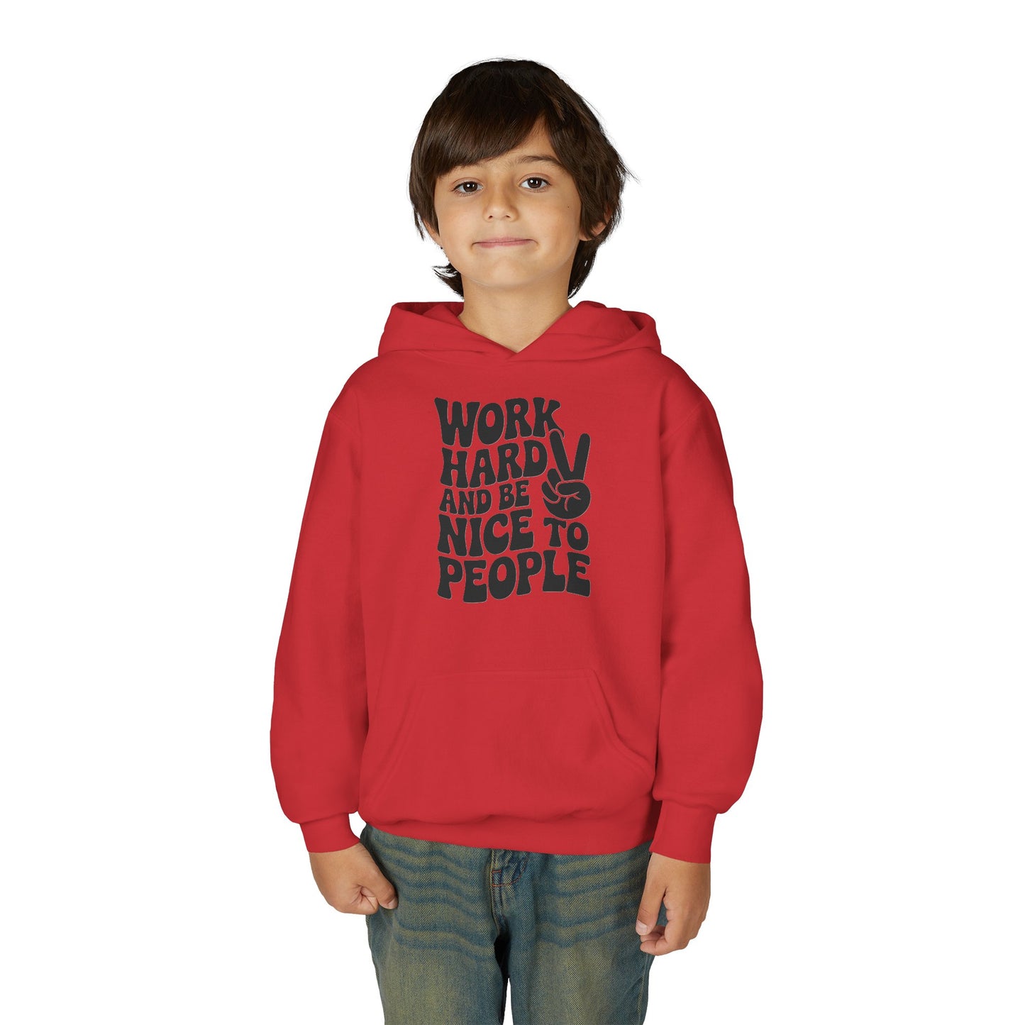 Youth Hoodie — "Work Hard And Be Nice to People" Motivational Graphic