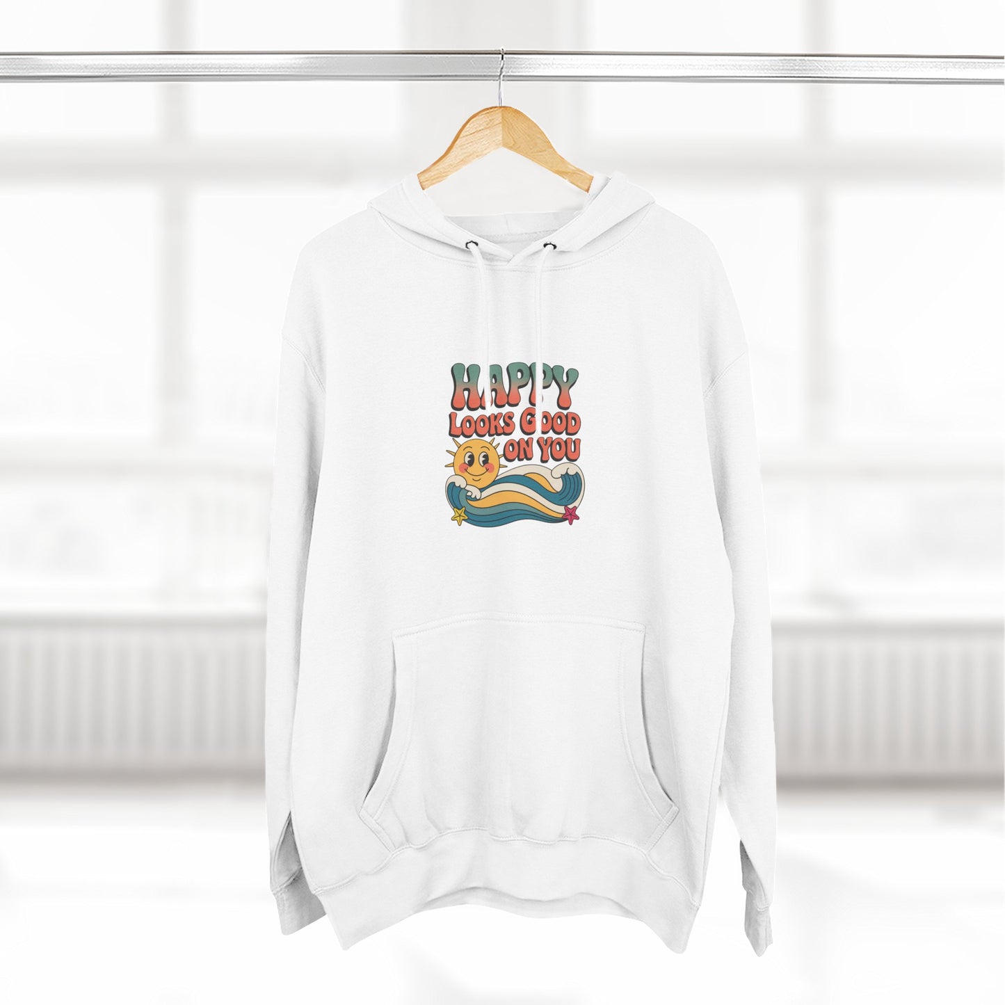 Happy Looks Good On You Hoodie — Retro Smiley Graphic Fleece Pullover