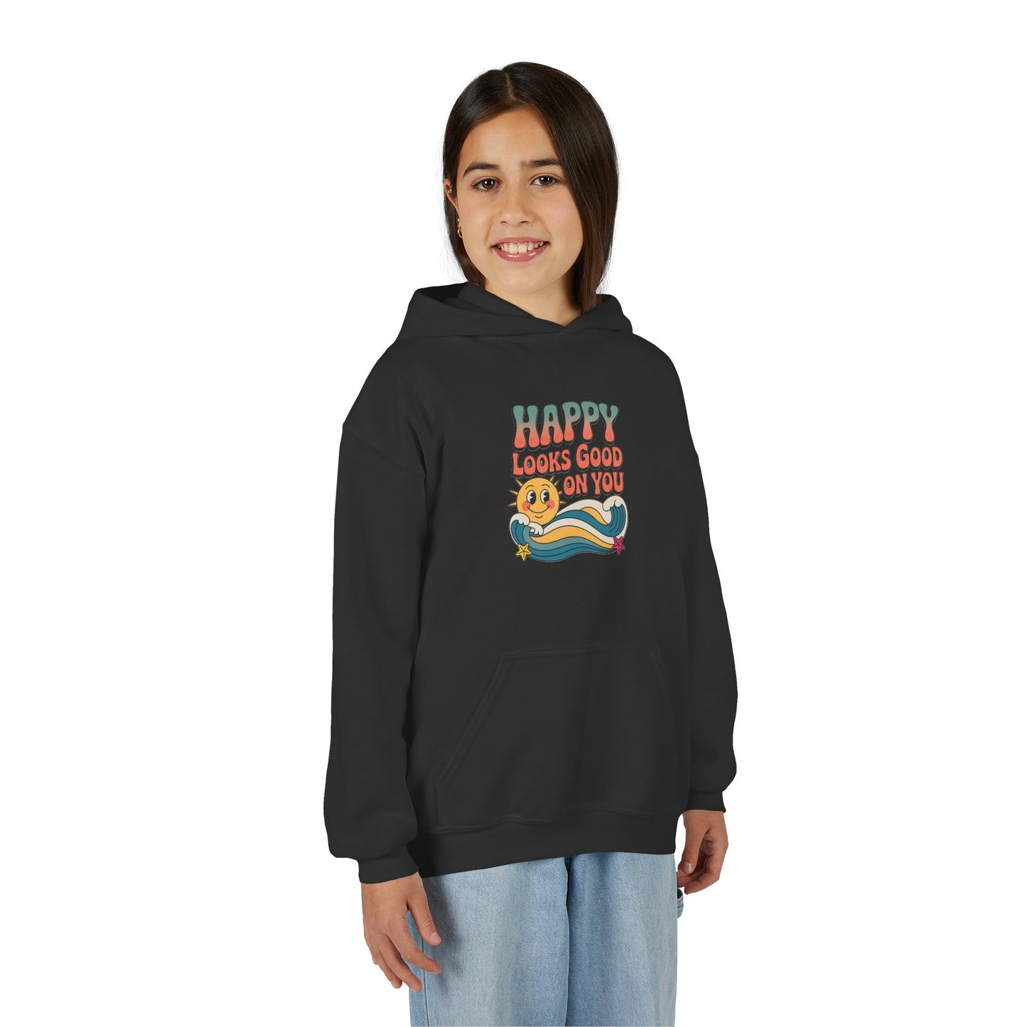 Youth Hoodie — "Happy Looks Good on You" Retro Sunburst Graphic