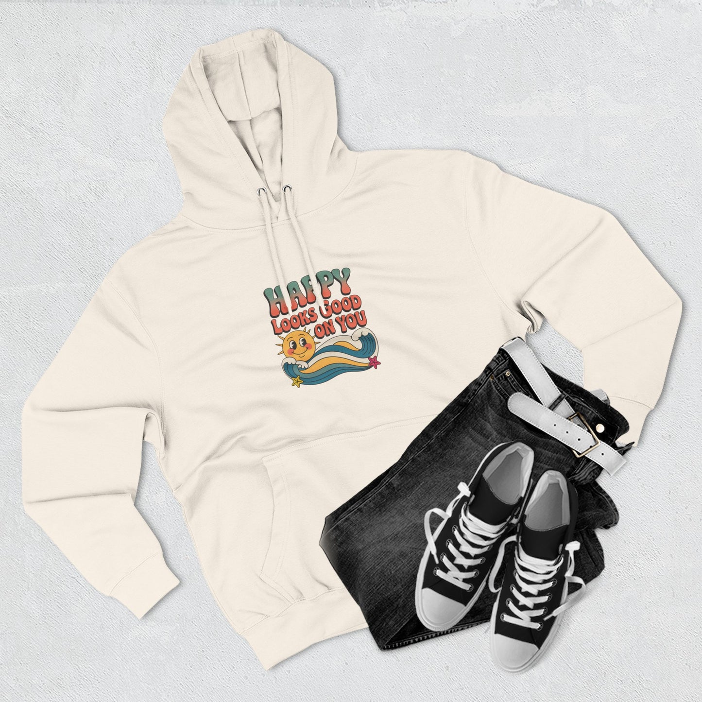 Happy Looks Good On You Hoodie — Retro Smiley Graphic Fleece Pullover