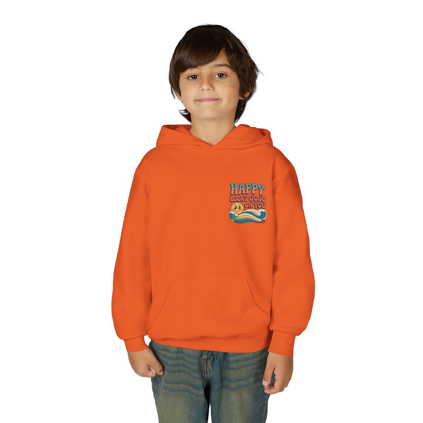 Youth Hoodie — "Happy Looks Good on You" Retro Sunburst Graphic
