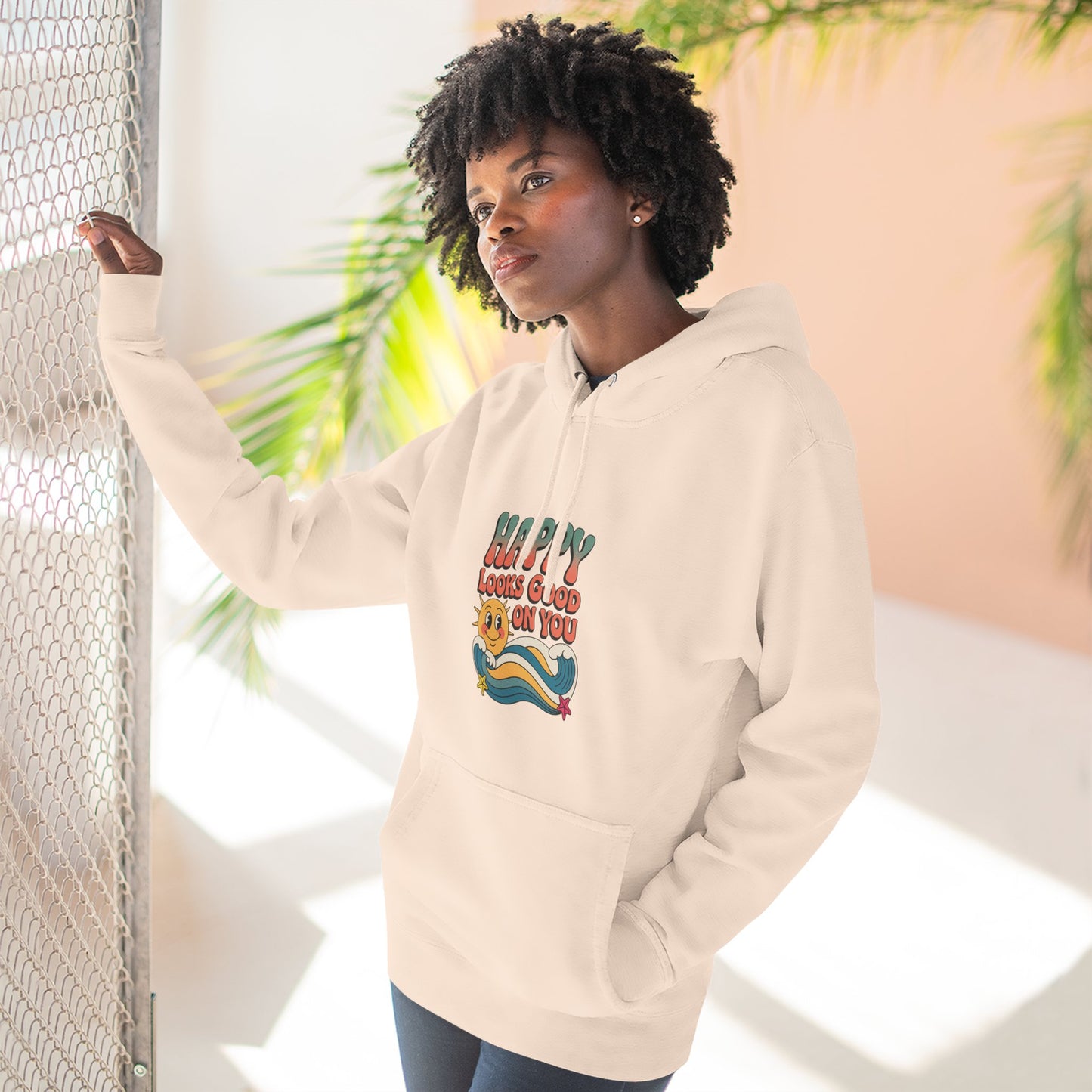 Happy Looks Good On You Hoodie — Retro Smiley Graphic Fleece Pullover