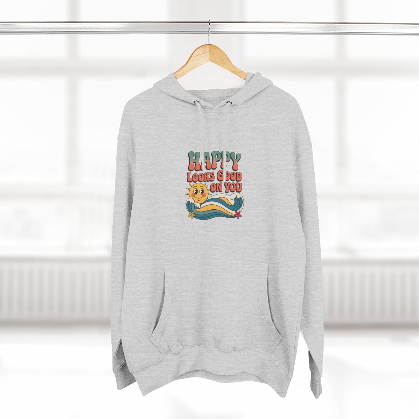 Happy Looks Good On You Hoodie — Retro Smiley Graphic Fleece Pullover