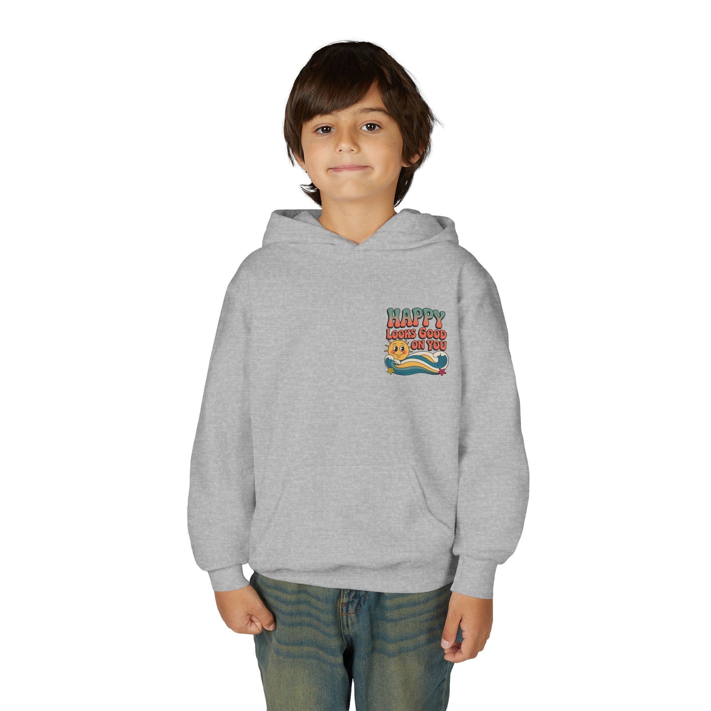 Youth Hoodie — "Happy Looks Good on You" Retro Sunburst Graphic