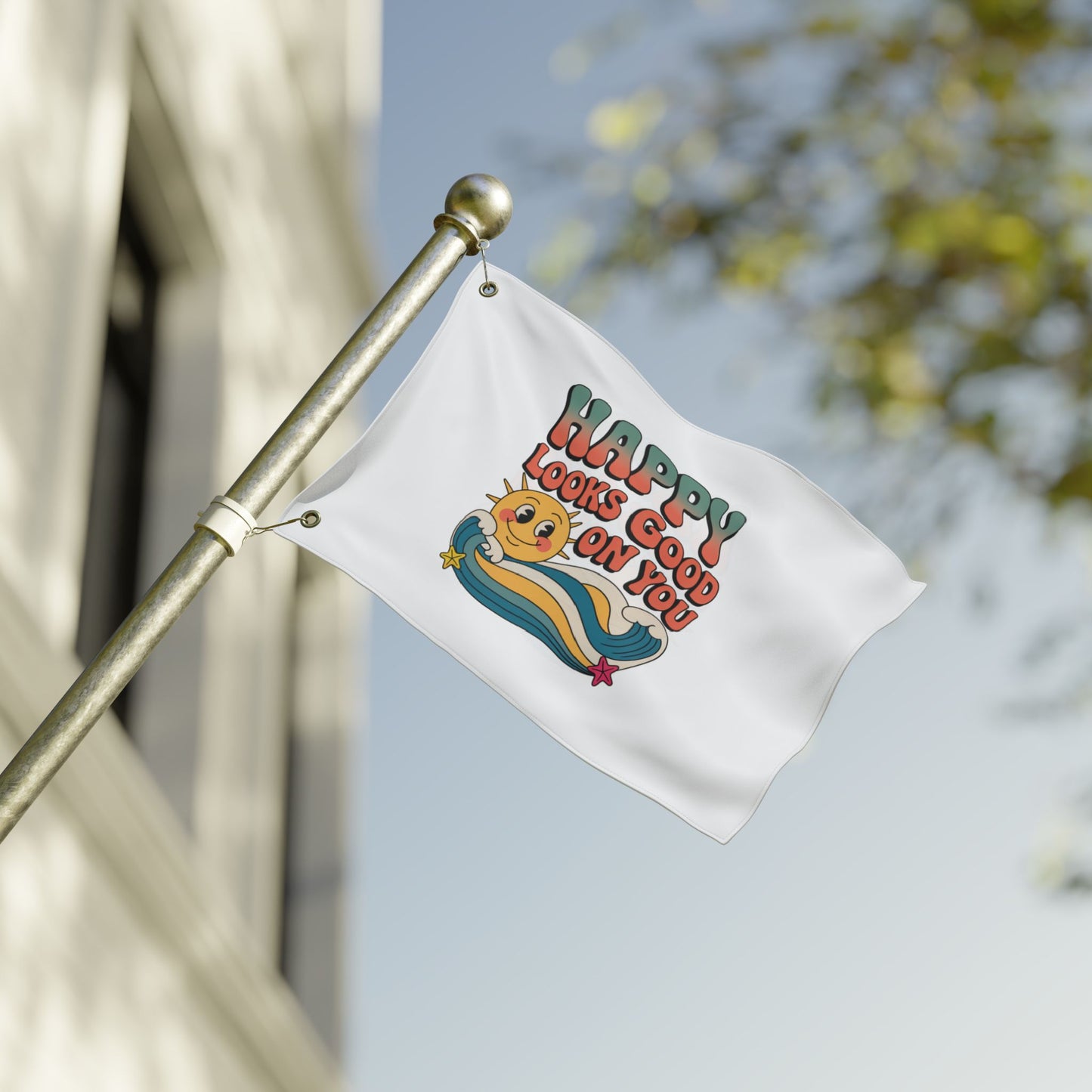 Happy Looks Good On You Flag — Retro Sunshine Positive Garden & Patio Decor