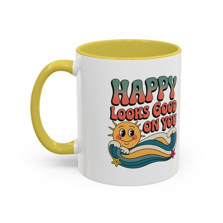 Retro 'Happy Looks Good on You' Colorful Ceramic Mug (11oz & 15oz)