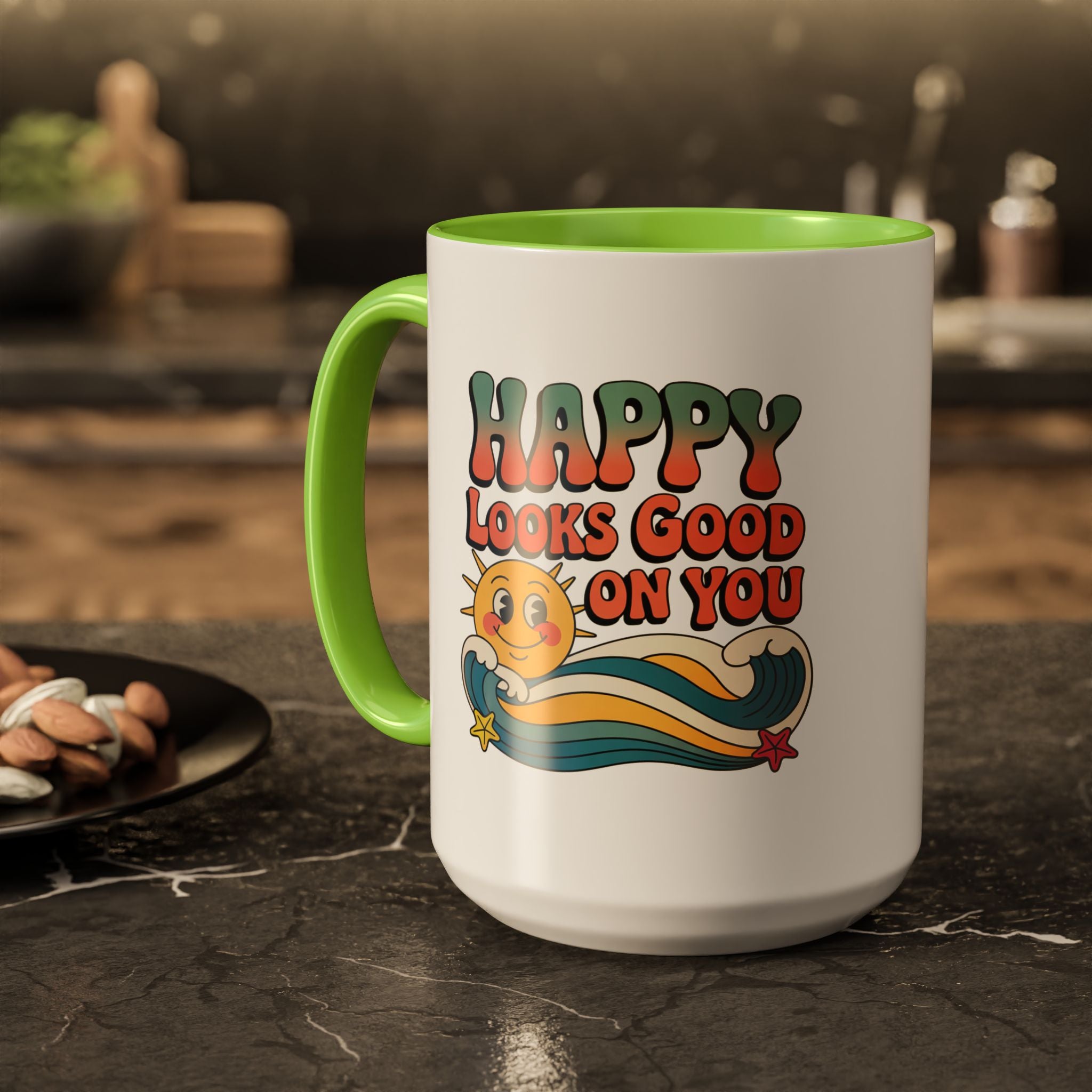Retro 'Happy Looks Good on You' Colorful Ceramic Mug (11oz & 15oz)
