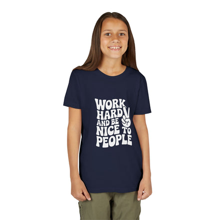 Youth Tee – "Work Hard and Be Nice to People" Retro Peace Sign Kids T‑Shirt