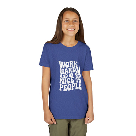 Youth Tee – "Work Hard and Be Nice to People" Retro Peace Sign Kids T‑Shirt