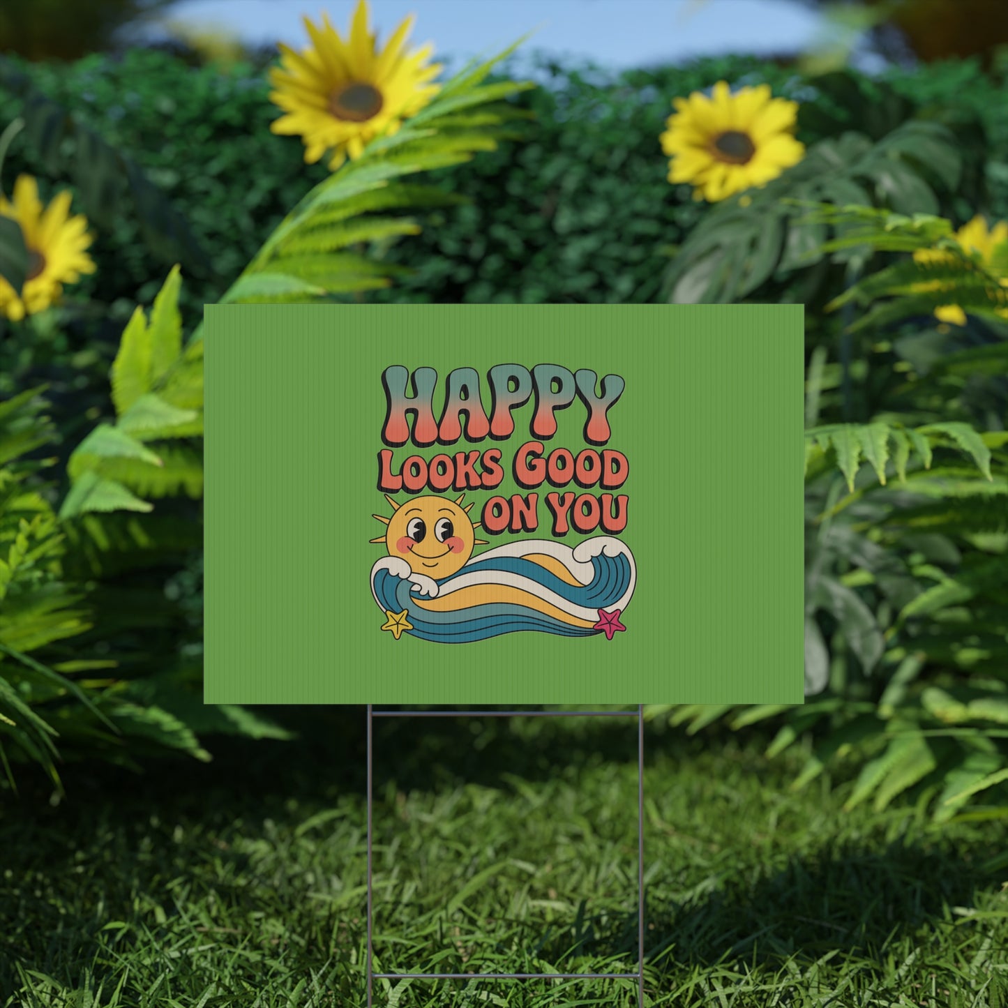 "Happy Looks Good On You" Retro Sun Positive Garden Sign