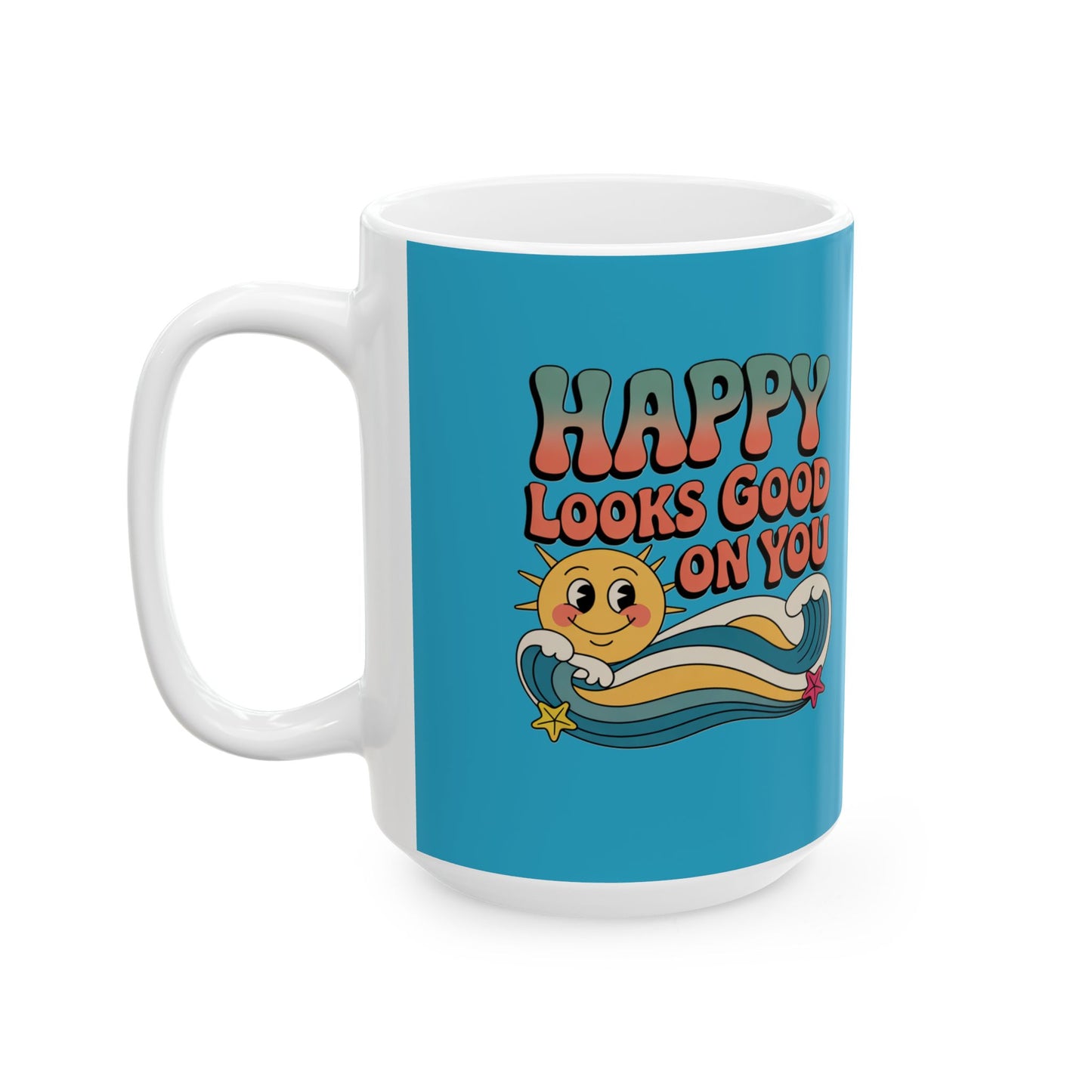 Retro 'Happy Looks Good on You' Ceramic Mug – 11oz & 15oz